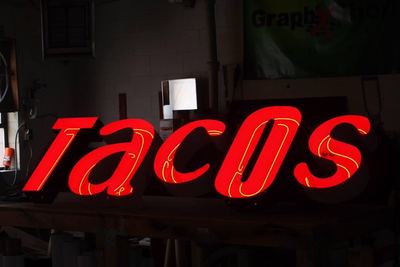 Tacos El Caporal. Channel letters on the storefront